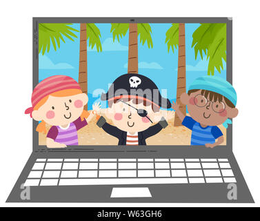 Illustration de Kids Wearing Pirate Costume et forme à partir de l'écran d'ordinateur portable Banque D'Images