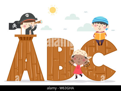 Illustration de Kids Wearing Pirate Costume avec ABC en bois Banque D'Images