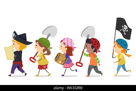 Illustration de Stickman Kids Wearing Pirate Costume de marcher à la suite d'une carte au trésor et à la tenue des pelles, Baril et d'un drapeau Banque D'Images