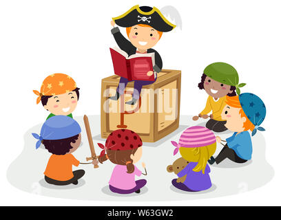 Illustration de Stickman Kids Wearing Pirate Costume avec un enfant garçon lisant un livre et raconter une histoire Banque D'Images