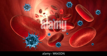 Les cellules rouges du sang -Virus érythrocytes avec à l'intérieur d'un vaisseau sanguin - 3D illustration Banque D'Images