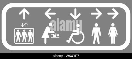 Système de signalisation intérieure pour ascenseur et pour salles de bain : les femmes, les hommes, les personnes handicapées, les changements de couche toilettes Illustration de Vecteur