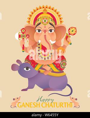 Festival de Ganesh Chaturthi belle dieu indien Ganesha assis sur des souris géantes Illustration de Vecteur