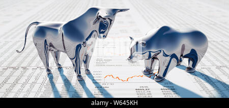 Bull et portent sur un journal financier - 3D illustration - Bulle und Bär Banque D'Images