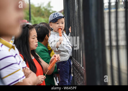 Les visiteurs et les résidents de vagues montre une ligne de mascaret du fleuve Qiantang jaillissant sur la rive du fleuve dans la ville de Hangzhou, Chine, Moyen-Orient Zhejian Banque D'Images