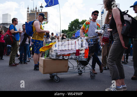 20 juillet 2019, Londres, Royaume-Uni : un homme vend des rouleaux de papier toilette imprimés avec le visage du président américain Donald Trump que de manifestants se rassemblent à la place du Parlement à la fin de l'anti-Brexit 'Marche pour le Changement' à Londres. Crédit : David Cliff/SOPA Images/ZUMA/Alamy Fil Live News Banque D'Images
