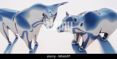 Bull and Bear argent sur fond blanc - illustration 3D - Bulle und Bär Banque D'Images