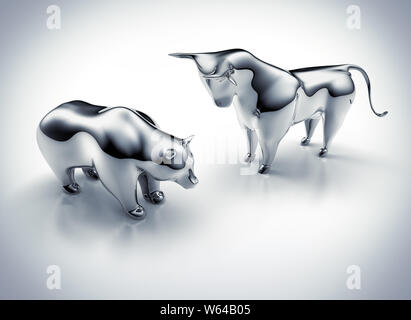 Bull and Bear argent sur fond blanc - illustration 3D - Bulle und Bär Banque D'Images