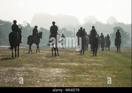 Beckhampton Stables, près de Marlborough, Wiltshire, Royaume-Uni. 29 juillet 2019. La brume et un soleil voilé salue le début de matinée séance de formation pour les cavaliers et de la race Banque D'Images