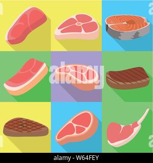 Steak frais icon set. Ensemble de 9 plats steak frais icônes vectorielles pour le web design isolé sur fond blanc Illustration de Vecteur