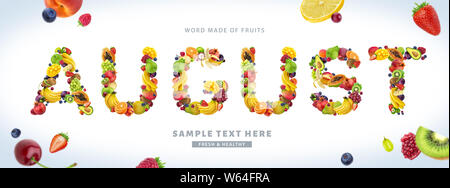 Août mot composé de différents fruits et de baies, de fruits font isolé sur fond blanc avec clipping path Banque D'Images