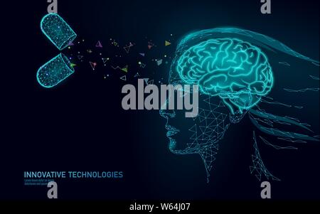 Traitement du cerveau low poly 3D render. Nootropique médicaments stimulant la capacité humaine smart de la santé mentale. Médicament La réadaptation cognitive dans la maladie d'Alzheimer Illustration de Vecteur