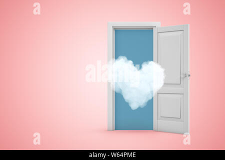 Le rendu 3D de minces nuages en forme de coeur battant de porte ouverte sur fond copyspace gradient rose. Banque D'Images