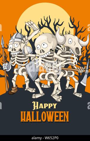 Happy Halloween party invitation modèle carte postale. Des personnages de dessins animés les morts-vivants. Partie de squelettes dans différentes poses. Vecteur coloré Illustrati Illustration de Vecteur