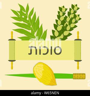 Souccot. Concept de vacances judaïque. Symboles traditionnels - Etrog, Loulav, hadas, l'arava. Texte hébreu de la Torah - Souccot Illustration de Vecteur