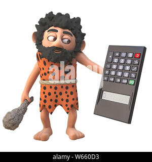 3d personnage muet caveman tenant une calculatrice numérique à l'envers, illustration 3D render Banque D'Images