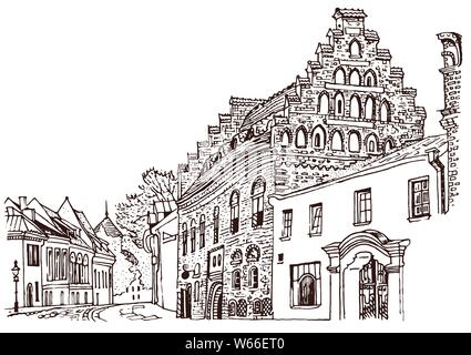 Rue agréable vieille ville de Kaunas. L'architecture historique, les maisons médiévales, la cathédrale. Historique des états baltes. Carte postale, coloriages. Hand drawn sketc Illustration de Vecteur