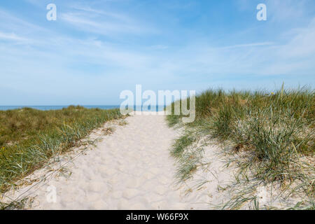 Côte de la mer Baltique allemande avec des dunes de sable, d'herbe, de l'eau et ciel bleu Banque D'Images