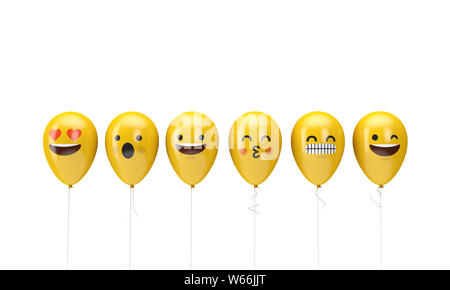 Jaune numéro 1 anniversaire ballons visages emoji. 3D Render Banque D'Images