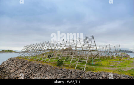 Scène typique du nord de la Norvège : racks en bois utilisé pour le séchage de la morue à devenir stockfish, Henningsvær, Austvågøya, îles Lofoten, Norvège. Banque D'Images