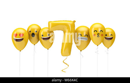 Jaune numéro 7 anniversaire ballons visages emoji. 3D Render Banque D'Images