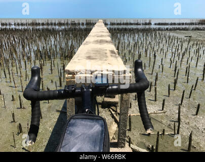 Le vélo à la fin de la voie par la mer. Broken Road sur la côte avec une protection contre l'érosion des terres, la Thaïlande. Banque D'Images