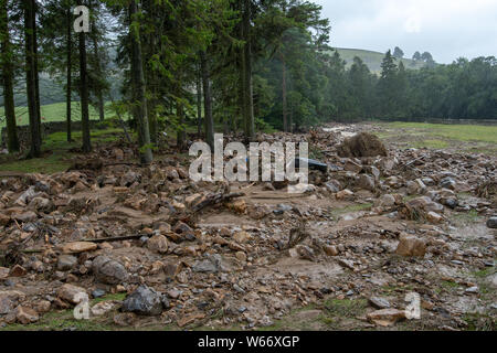 Swaledale, Yorkshire, Angleterre. Jul 31, 2019. Flash flood à Reeth et Fremington, Swaledale dans le Yorkshire Dales National Park a causé de graves dégâts et un plein mois de pluie sont tombés en moins de 4 heures, balayant les voitures et l'inondation des maisons dans la région. Credit : Wayne HUTCHINSON/Alamy Live News Banque D'Images