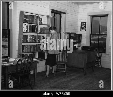 Landaff, comté de Grafton, New Hampshire. Dans une chambre de Landaff bibliothèque, situé dans la ville, . . . ; Portée et contenu : la légende complète se lit comme suit : Landaff, comté de Grafton, New Hampshire. Dans une chambre de Landaff bibliothèque, situé dans la ville, il y a 1700 livres dont très peu ont soit l'intérêt ou la valeur. Personne ne lit ici, mais les livres sont parfois pris. Mme Drayton Harry qui est un nouveau venu à Landaff, est sur le comité de la bibliothèque. Elle s'affiche ici le catalogage des livres. Banque D'Images