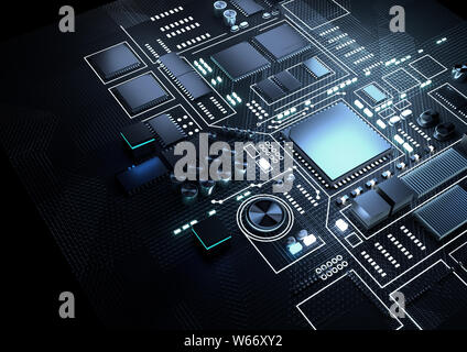 Une vue en gros plan d'un processeur sur une carte mère. Rendu 3D illustration. Banque D'Images