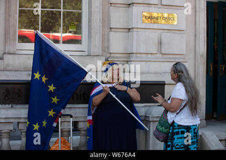 Brexit soutient partisan Pro avec un drapeau remainer waring en face du bureau du Cabinet sur Whitehall à Londres, sur un après-midi de juillet. Banque D'Images