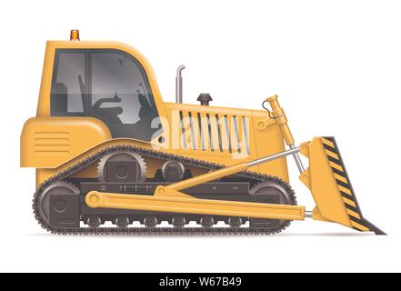 Bulldozer jaune avec vue depuis le côté isolé sur fond blanc. Véhicule de construction de maquettes de scénario, montage facile et couleurs Illustration de Vecteur