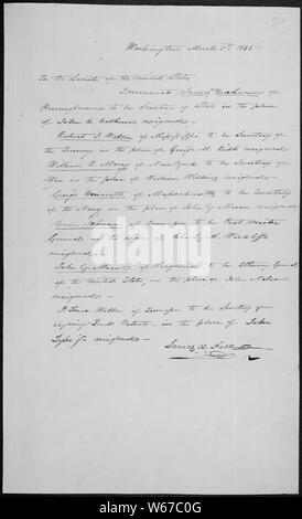 Message du président James Polk la nomination de son cabinet, dont James Buchanan en tant que secrétaire d'État, Robert J. Walker à titre de secrétaire au Trésor, William L. Marcy comme secrétaire à la guerre, George Bancroft comme secrétaire de la Marine, Cave Johnson comme chef de bureau de Poste Général, et John Y. Mason comme procureur général, 03/05/1845 Banque D'Images