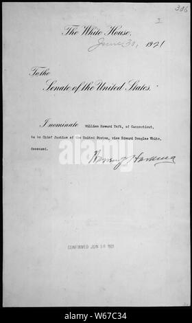 Message du Président Warren G. Harding nommer William H. Taft du Connecticut pour être juge en chef de la Cour suprême des États-Unis, 06/30/1921 Banque D'Images