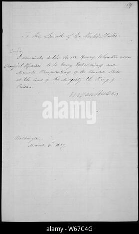 Message du président Martin Van Buren Henry Wheaton Envoyé spécial de mise en candidature pour être Penipotentiary Exraordinary et ministre de Prusse, 03/06/1837 Banque D'Images