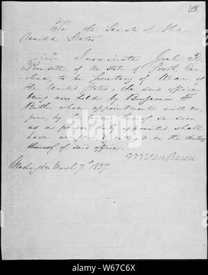 Message du président Martin Van Buren Joel R. Poinsett mise en candidature pour être secrétaire de la guerre, 03/07/1837 Banque D'Images