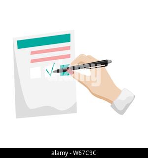 Document de travail, déclaration d'impôt, questionnaire. A woman's hand avec une manucure rouge signe le document. Illustration isolé. Illustration de Vecteur