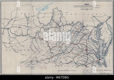 0042 Railroad Cartes Carte du projet de ligne de chemin de fer entre l'eau de marée Virginia et la rivière Ohio à Guyandotte Parkersburg Wheeling et reconstruire et réparer Banque D'Images