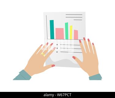 Document de travail, déclaration d'impôt, questionnaire. Women's Hands holding manucure rouge avec un document papier. Femme entrepreneur. Illustration isolé Illustration de Vecteur