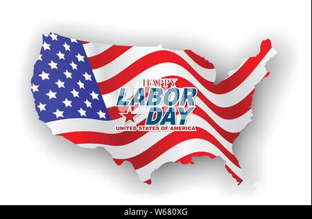 La Fête du travail USA étiquette dans une forme de la comté des États-Unis d'Amérique avec un intérieur il waving flag. Vector illustration. Illustration de Vecteur