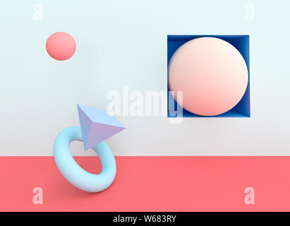 Résumé des formes géométriques solides dans des tons bleu et rose pastel. Image 3D render Banque D'Images