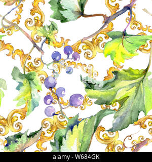 Baie de raisin des aliments sains dans un style aquarelle. Jeu de fond à l'aquarelle. Motif de fond transparent. Banque D'Images