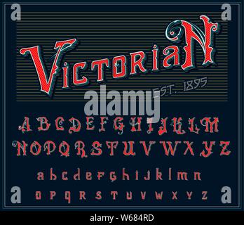 Alphabet victorienne dans un style ancien. Vieux anciens font de Whiskey label. Caractère Vintage en couleurs rouge, modifiable et stratifié. Hand drawn Vector Illustration de Vecteur