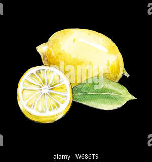 Illustration aquarelle de citron sur fond noir Banque D'Images