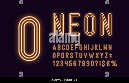 Alphabet, arrondi au néon de couleur orange. Neon police vectorielle, ensemble de lettres, chiffres lumineux monochrome, la monnaie et les différents signes, symboles. Vector typ Illustration de Vecteur