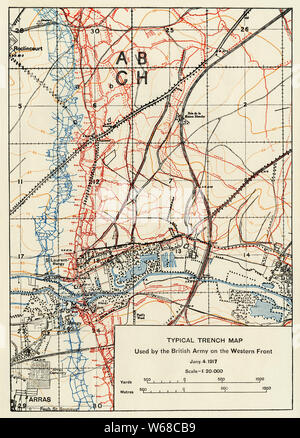 Carte des tranchées utilisées par l'armée britannique sur le front occidental, la Première Guerre mondiale carte couleur imprimé Banque D'Images