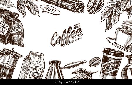 Les grains de café dans l'arrière-plan vintage style. Gravé à la main, croquis affiches rétro doodle. Tasse et inscription calligraphique. Modèles de bannière de vecteur. Illustration de Vecteur