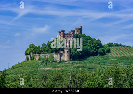 Ortenberg château sur une colline dans un paysage de printemps avec des vignes sous un soleil bleu ciel avec de légers nuages Banque D'Images