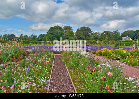 GORDON CASTLE GARDENS FOCHABERS MORAY ECOSSE LE VASTE JARDIN CLOS DE FLEURS ET PETITE MAISON Banque D'Images