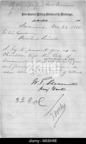 Télégramme du Général William T. Sherman au président Abraham Lincoln l'annonce de l'abandon de Savannah, Géorgie, comme cadeau de Noël au président. ; notes générales : Le télégramme a été reproduit sur microfilm des Archives nationales de publication M504. Banque D'Images