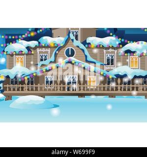 Maison en bois décoré de guirlandes de fête et d'ampoules multicolores. Croquis de l'affiche de la fête de Noël, invitation à une fête, holiday card Illustration de Vecteur